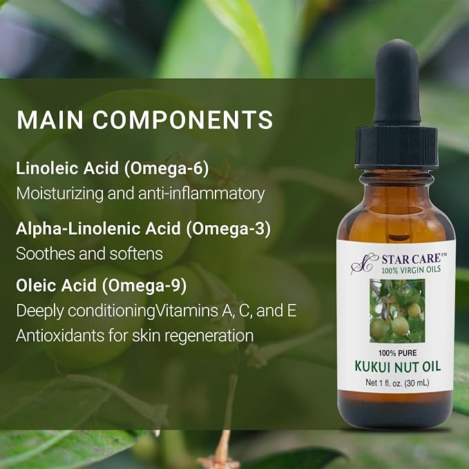 100% Pure Kukui Nut Oil 1oz Cold Pressed Virgin Moisturizer for Hair, Scalp & Face - Natural Skin Repair Body Oil with Omega 3, 6, 9 & Vitamins UV Glass Bottle with Dropper