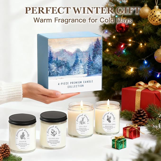 Scented Candle Gift Set, 4 Pack 28oz Soy Wax Scented Candles for Home – Cinnamon Apple, Balsam Fir, Vanilla Bean, Cedarwood & Amber – Cozy Aromatherapy Candles for Holiday & Home Decor Gifts