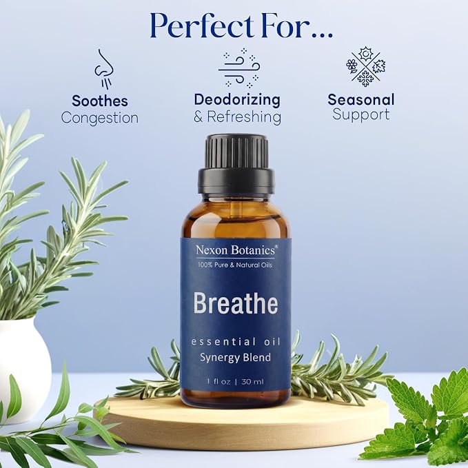 Breathe Essential Oil Blend 30 ml - Breath Sinus Relief with Menthol Oils - for Humidifiers, Diffusers, and Aromatherapy - Nexon Botanics