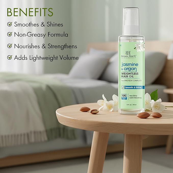 Botanic Hearth Argan & Jasmine Weightless Hair Oil, 3.4 fl oz | With Argan Oil & Jasmine Oil | Lightweight Non-Greasy Formula | Frizz Control, Smooth Shine & Soft Hair | For Dry, Frizzy & Fine Hair
