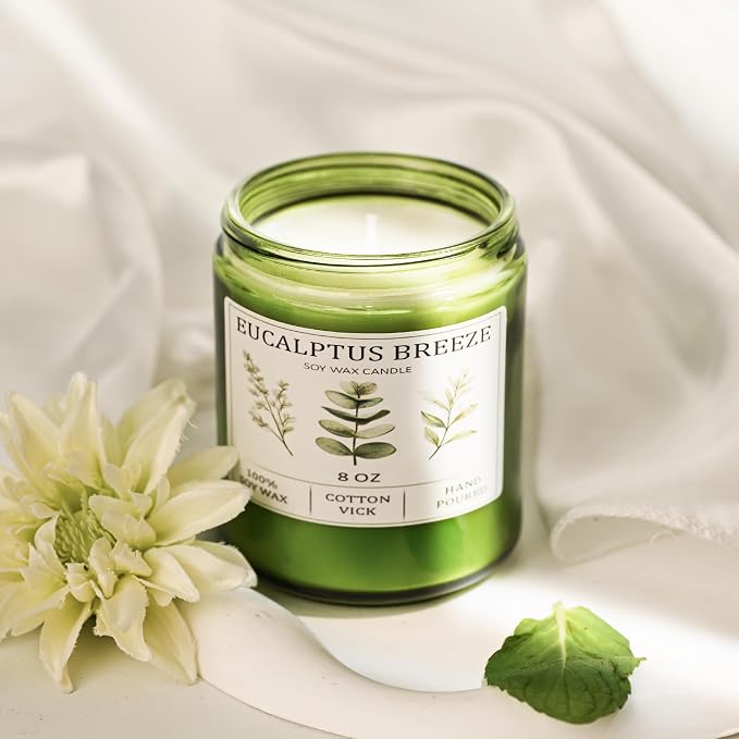Eucalyptus & Mint Candles for Home Scented, 40 Hours Burn Soy Candle Gift for Women Stress Relief, Meditation, Yoga, Relaxing, Natural Soy Wax for Men and Women, 8oz