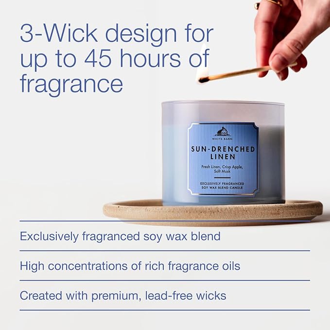 Bath & Body Works Sun-Drenched Linen 3-Wick Candle - Scented Candle for At-Home Use - Long-Lasting, Room-Filling Fragrance - High Fragrance Oil Concentration - Soy Wax Blend - 2-Pack
