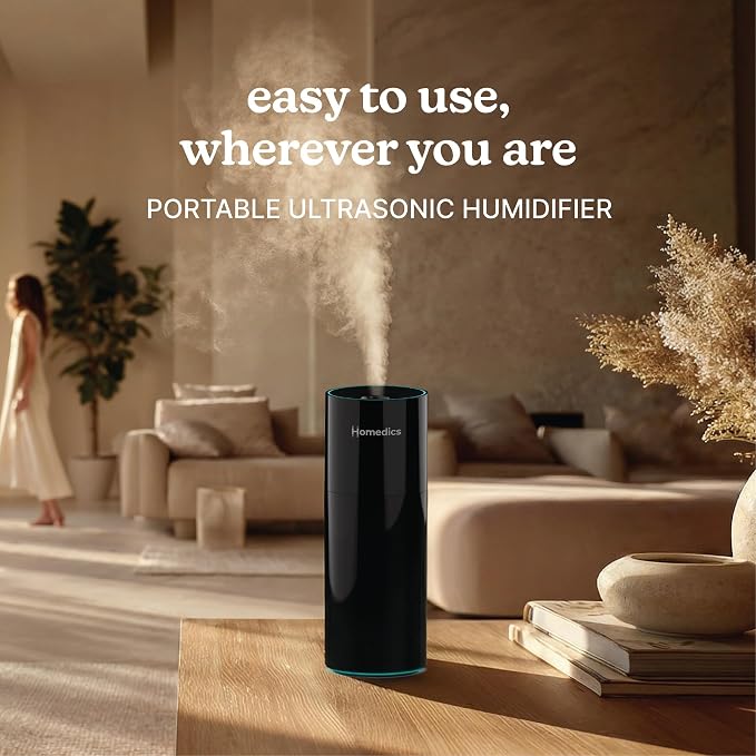 Homedics Portable Humidifier – Small Ultrasonic Cool Mist Humidifier for Bedroom, Desk & Travel, Mini Personal Humidifier, 7.7 oz Tank, Auto Shutoff, Night Light, Rechargeable (Gloss Black)