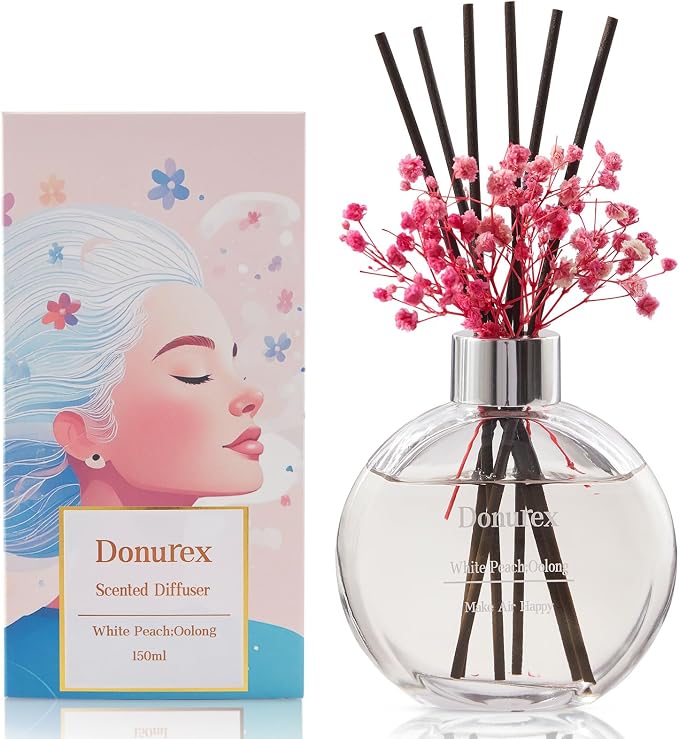 Flower Reed Diffuser Set 5.07oz White Peach & Oolong Scent Diffuser with Sticks Home Fragrance Reed Diffuser for Bathroom Shelf Decor