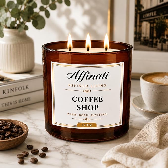 Coffee Shop Affinati 3-Wick Candle - 17 oz Luxury Soy Wax Blend, Long-Lasting Café Ambiance & Aromatherapy Home Fragrance, Premium Roasted Coffee Bean Scented Jar, Unique Gifts for Book Lovers
