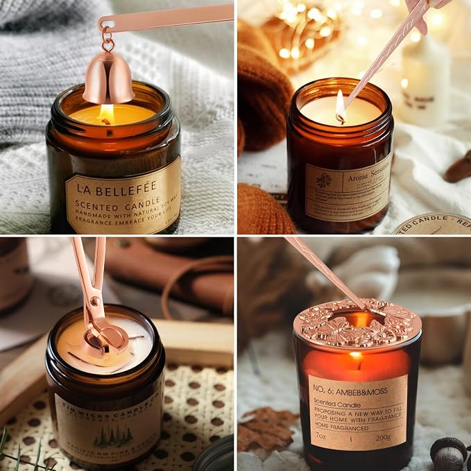 5 Pieces Candle Care Kit with Gift Box, Including Wick Trimmer、Candle Snuffer、2 Candle Toppers and Wick Dipper, Antique Brass Accessories Set for Candle Maintenance & Decoration (Rose Gold)