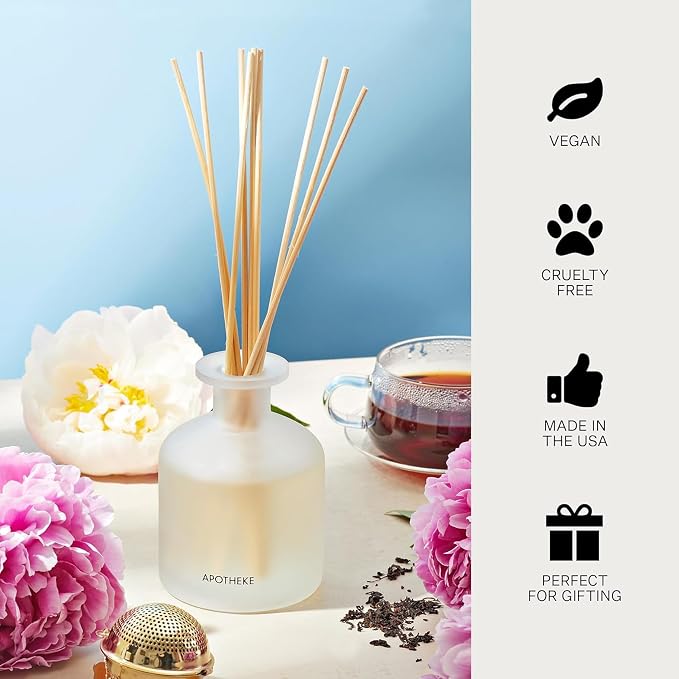 Apotheke Luxury Scented Reed Diffuser for Home, Earl Grey Bitters - 6.7 Fl Oz Essential Oil Aromatherapy - 10 Rattan Scent Sticks Room Diffuser - Long-Lasting Fragrance for Bedroom, Home, Bathroom