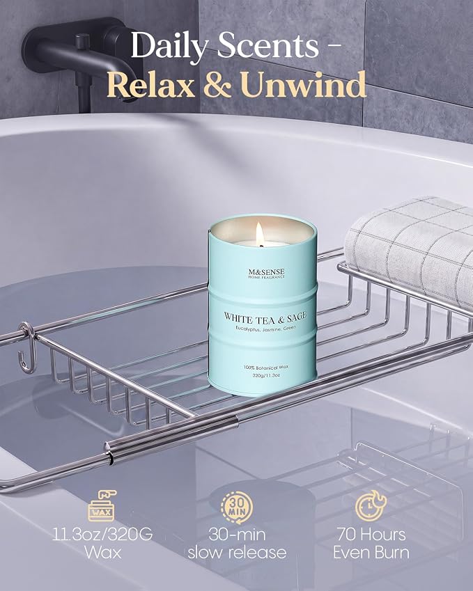 M&SENSE White Tea Sage Scented Candles Natural Non Toxic, Aromatherapy Candle for Stress Relief Meditation Relaxing, Housewarming Gifts for Women Men, 11.3oz 70 Hour Long Burning