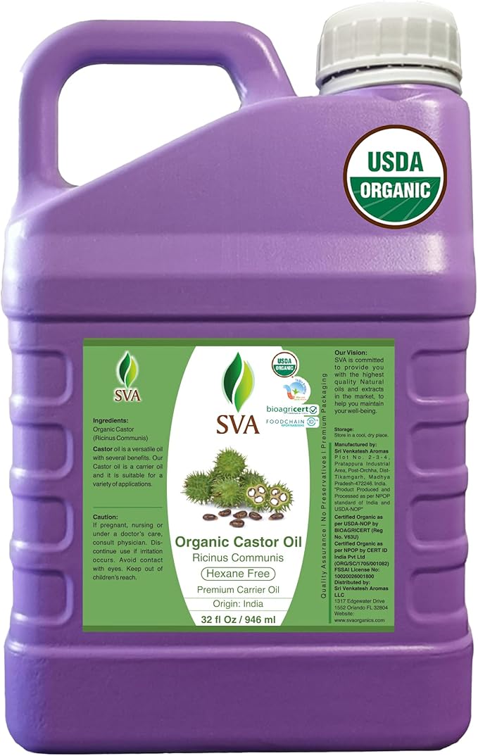 SVA Castor Seed Oil Organic - 32 Fl Oz – 100% Natural Cold Pressed Organic Castor Oil - for Face, Skin Care, Hair Care, Scalp Massage & Body Massage