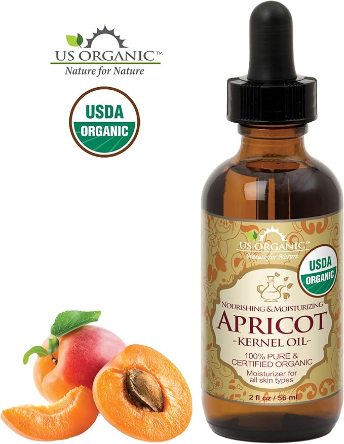 US Organic Apricot Kernel Oil, USDA Certified Organic,100% Pure & Natural, Cold Pressed Virgin, Unrefined in Amber Glass Bottle w/Glass Eyedropper for Easy Application (2 oz (Small))