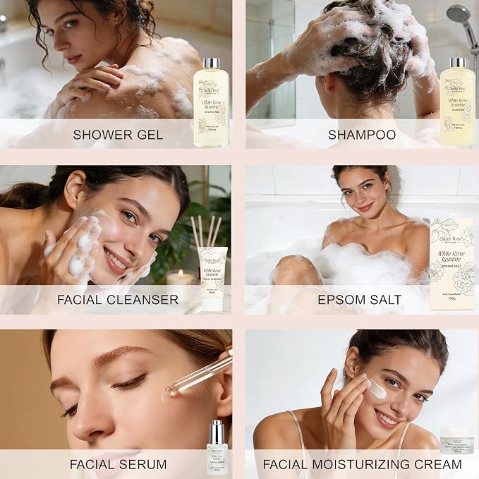 37 Pcs Bath Spa Gifts for Women, Mothers Day Gifts, WHITE ROSE JASMINE Bath & Body Gift Basket, Face Skin Care Kit, Home Spa Gift Set, Self-Care Kit, Necklace, Birthday, Christmas, Anniversary