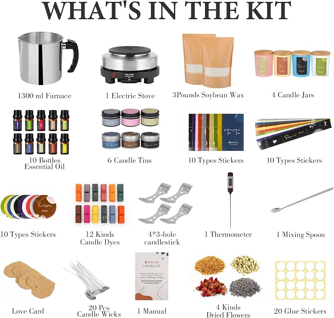 SAEUYVB Candle Making Kit - DIY Starter Soy Candle Making Supplies with Wax Melter, Including Soy Wax, 10 Candle Jars, 10 Pleasant Scents, Color Dyes & More，Perfect Candle Making Kit for Adults