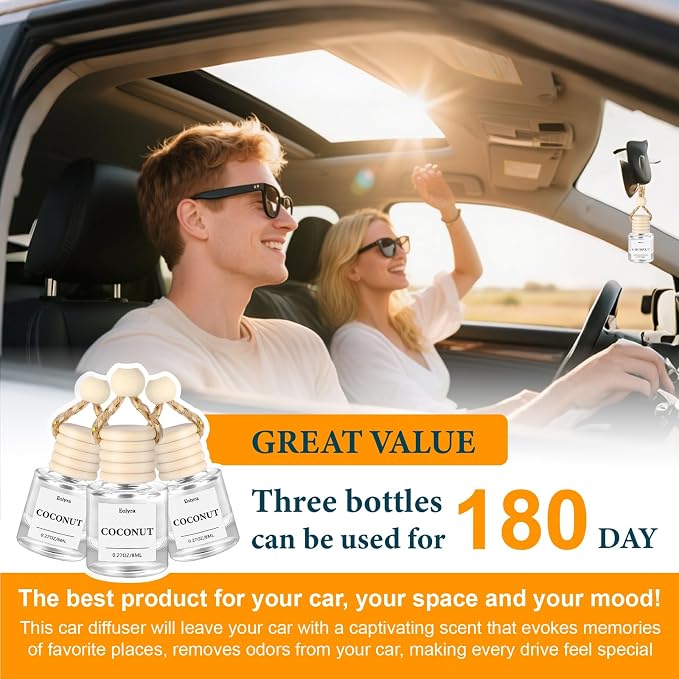 Hanging Car Air Freshener (Pack of 3) : Luxury Car Perfume for Women Men | Cute & Wooden Lid Reusable Bottle with 45+ Days Long-Lasting Scent for Auto Interio, Coconut