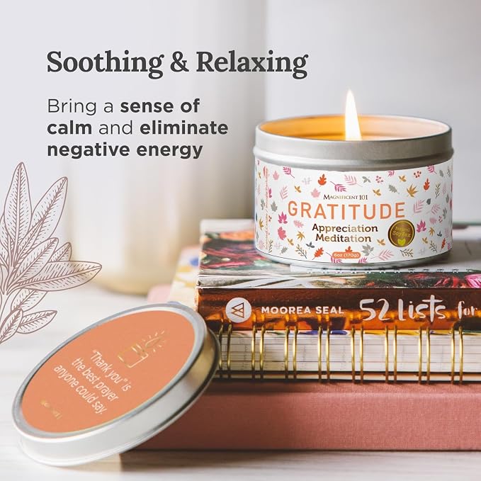 MAGNIFICENT 101 Gratitude Candle - 6 Oz Red Soy Wax - 35 Hour Burn Time & Paraffin Free - Sage Aromatherapy & Energy Cleansing - Meditation & Manifestation Candle