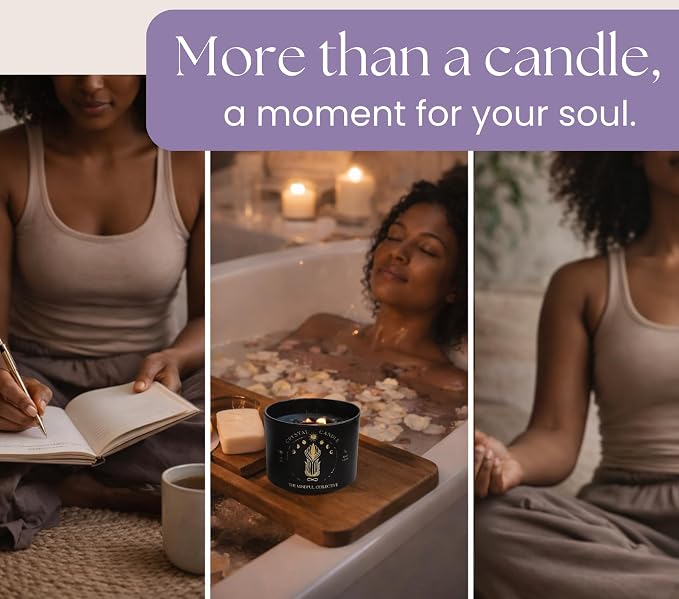 Black Crystal Candle for Women - 8oz Wood Wick Candle that Crackles with Natural Soy Wax. Luxurious Slow Burn, for Meditation. Includes Amethyst & Smokey Quartz Crystals