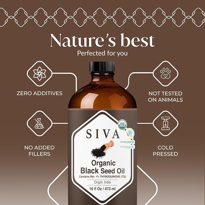 Siva Black Seed Organic Oil 16oz (473ml) Premium Cold-Pressed Organic Carrier Oil for Face, Skin Care, Body Massage, Hair Care, Hair Oiling & Scalp Massage