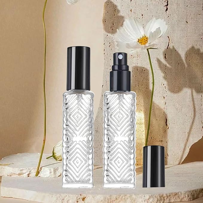 8-Piece Mini Atomizer Set, Refillable Square Glass Bottles, Travel Essential Oil & Perfume Spray Bottles, with Dispenser (15ML/Black)