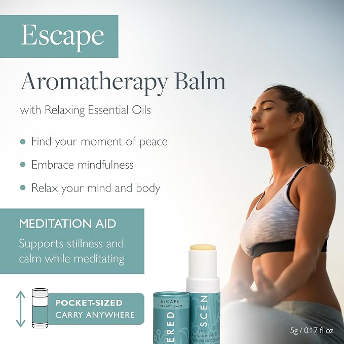 Scentered Aromatherapy Balm Stick - Escape - Natural Calm Essential Oil Roll On - Meditation Aid for Relaxation & Self-Care - Frankincense, Oud, Sandalwood - Mindfulness Gifts for Women