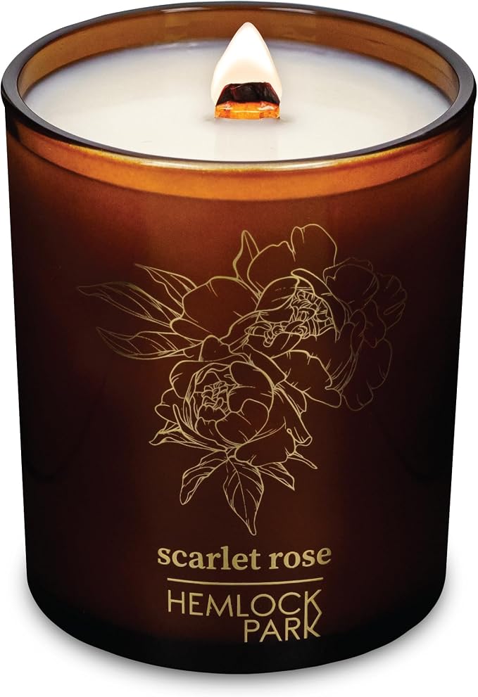 Hemlock Park Scarlet Rose Amber & Gold Scented Candle | Crackling Wood Wick, Botanical Fragrance & Coconut Apricot Wax | Up to 50 Hour Burn Time | 7.2 oz | Made in USA