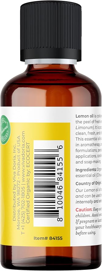 Viva Doria Lemon Essential Oil, USDA Certified, Organic Lemon Oil, 100% Pure, Natural Essential Oil, Undiluted, for Aromatherapy | Food Grade, 30 mL (1 Fluid Ounce)