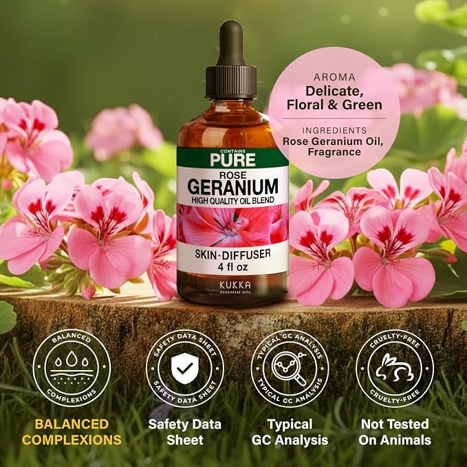 100% Pure Rose Geranium Oil - 4 Fl Oz Rose Geranium Essential Oil for Hair, Skin, Diffuser, Aromatherapy & DIY Soap Making Scent