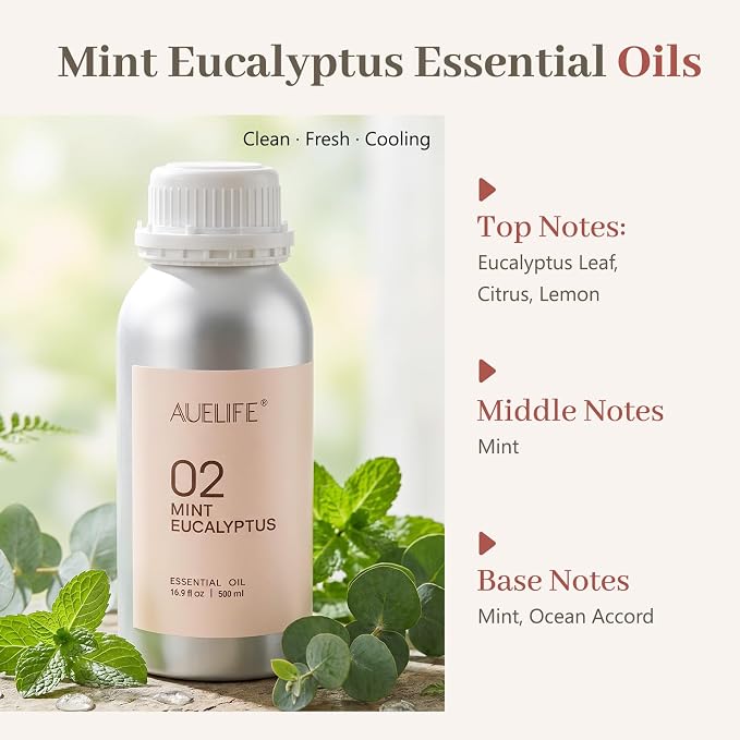 Auelife 16.9oz (500 ml) Mint & Eucalyptus Essential Oils for Diffusers for Home, Large Aluminum Bottle Fragrance Oil for Candle & Soap Making, Aromatherapy Oil for DIY Scents & Home Fragrance