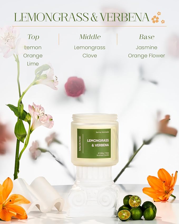 M&SENSE Lemongrass Verbena Scented Candles for Home, 11.6oz Organic Soy Wax, 70 Hours Long Lasting, Natural Non Toxic Clean Burn, 2 Wicks Herbal Smelling Aromatherapy Candle in Large Jar for Cleansing