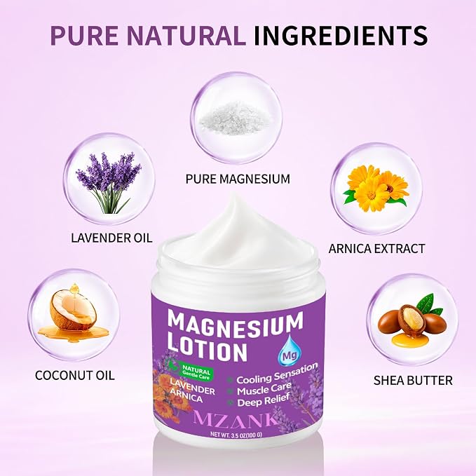 MZANK Magnesium Lotion with Lavender & Arnica – Fast-Absorbing Magnesium Cream for Restful Sleep,Muscle Relief and Relaxation,Deep Moisturizing Care for Hands,Legs,Feet,Self-Care Gift for Women
