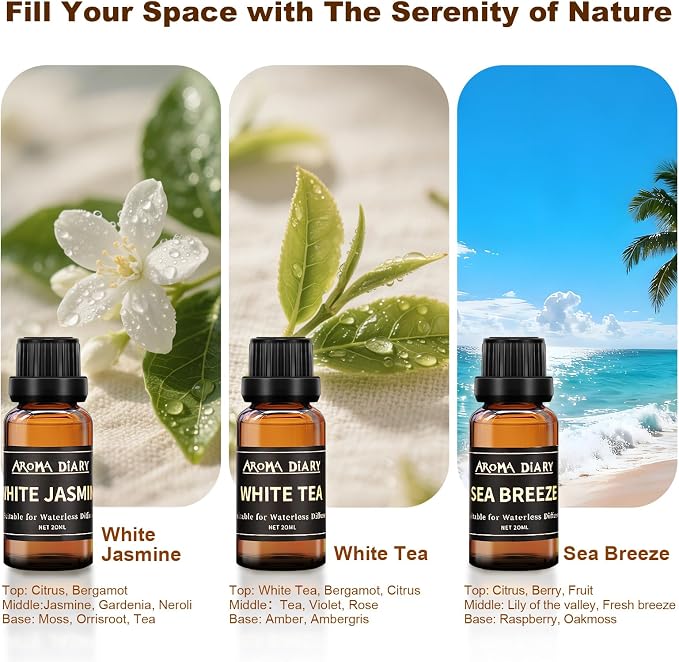 Essential Oil Set for Diffuser, 6x0.66fl oz Fragrance Oil Refill | Waterless Diffuser, Candle Making, Home Car Office Hotel, White Tea White Jasmine Sea Breeze, Aromatherapy Gift