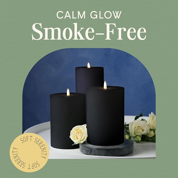 Mister Candle Dripless Unscented Pillar Candles, Set of 3 Hand Poured Black Pillar Candles, Solid Color Non-Scented Candles for Home Decor, Premium Wax, 80 Hr Burn Time, 3x6 Inch