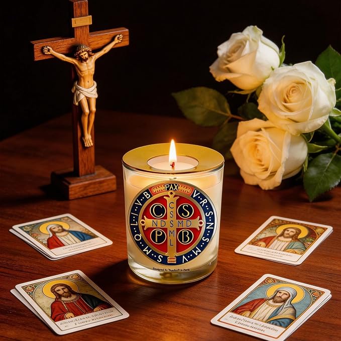 Saint Benedict Medal Candle 50 Hours│Hand-Poured Natural Soy Wax│Protection from Evil, Peace, Guidance, Holy Death, Spiritaul Discipline│Design in Paris│3“×3.6”