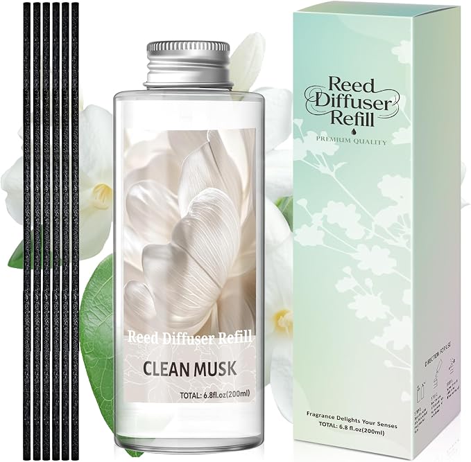 STRN Reed Diffuser Oil Refill, Clean Musk Scented Diffuser Oil Refills with 6 Reed Sticks 200ML(6.8fl.oz), Room Fresheners for Home, Long-Lasting Summer Fragrance for Living Room, Bedroom, Office