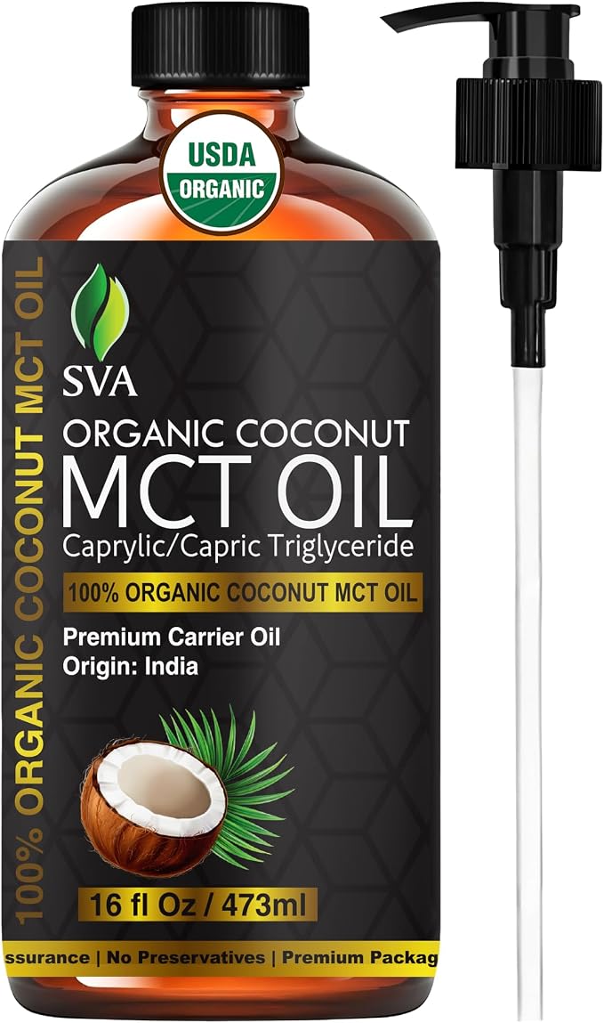 SVA MCT Oil Organic - 16 Fl Oz – 100% Natural Cold Pressed Organic MCT Oil - for Face, Skin Care, Hair Care, Scalp Massage & Body Massage – Carrier Oil