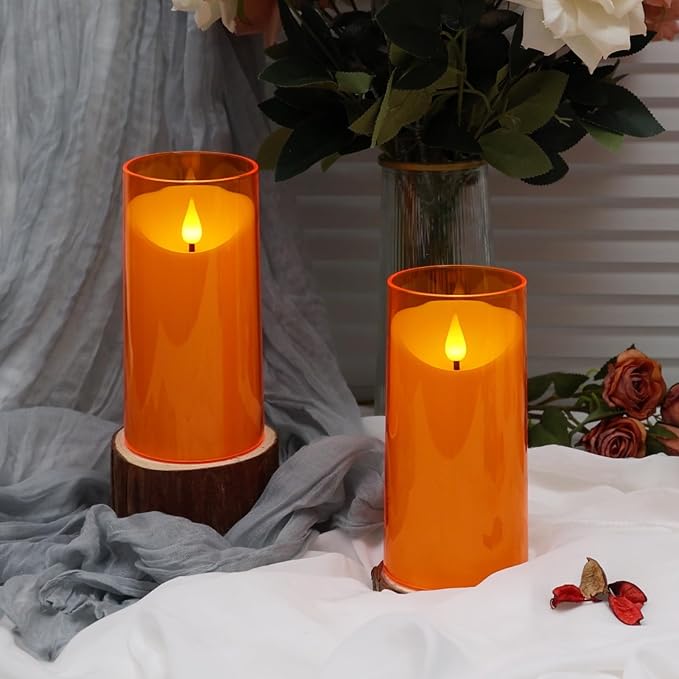 NURADA Flameless Candles with Remote and Timer - 3D Wick Unbreakable Acrylic Battery Operated LED Pillar Battery Candles for Fall Thanksgiving Dinner Tables Wedding Party Home Decor - Orange 2 Pack