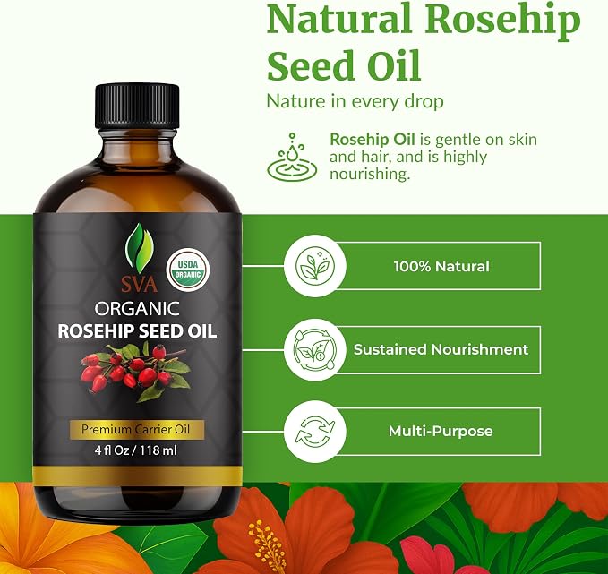 SVA Rosehip Seed Oil Organic - 4 Fl Oz – 100% Natural Cold Pressed Organic Rosehip Oil - for Face, Skin Care, Hair Care, Scalp Massage & Body Massage – Carrier Oil with Dropper