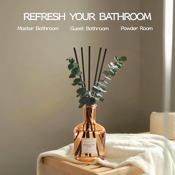 COCORRÍNA Mediterranean Citrus Reed Diffuser – 6.76 oz Essential Oil with 8 Reeds & Real Eucalyptus Sticks, Home Fragrance for Bedroom or Bathroom Décor