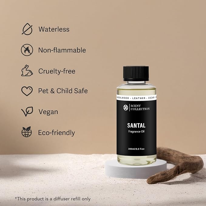 Luxury Hotel Scent Santal 200ml/6.76Fl oz Diffuser Oil Waterless Essential Aromatherapy for Cold Air & Car Diffusers – Long Lasting Refill for Large Room & Home - Signature Sandalwood