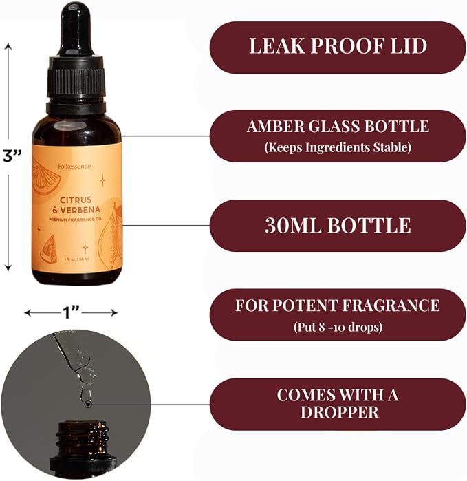 Folkulture Citrus & Verbena Essential Oil Blend | 30 ml - 1.01 Fl Oz Fragrance Oil with Dropper | Premium Diffuser Oils for Humidifier, Diffuser for Fresh & Uplifting, Revive, Relaxation