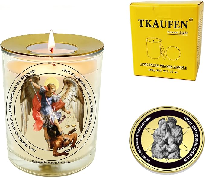 San Miguel Arcángel St. Archangel Michael Prayer Candle 50 Hours with Warmer Ring│Hand-Poured Soy Wax│Protection from Terror, Evil Banishing, Spiritual Warrior, Energetic, Defender│3“×3.6”
