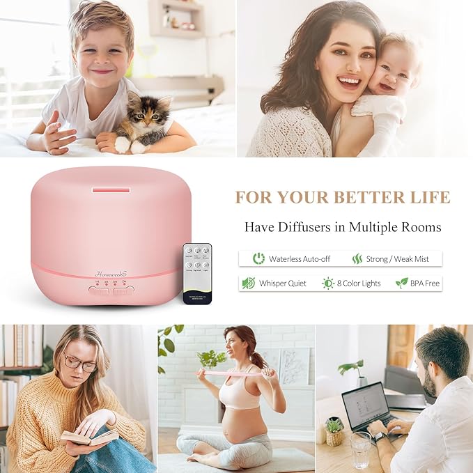 Aromatherapy Essential Oil Diffuser for Room: 500ml Colorful Aroma Air Humidifier with Adjustable Cool Mist Mode, Auto Off Ultrasonic Diffusers for Large Room Home Office(Pink)
