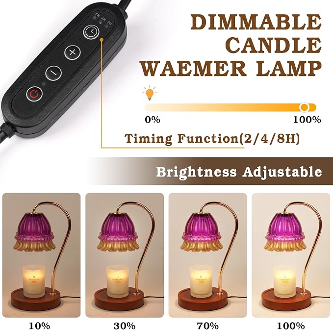 Funistree Flower Candle Warmer Lamp with Timer, Dimmable Candle Lamp Warmer, Christmas Birthday Gifts for Women Mom Her, Housewarming Home Decor, Lotus Wax Warmer for Yankee - Purple Flower 10 Inch