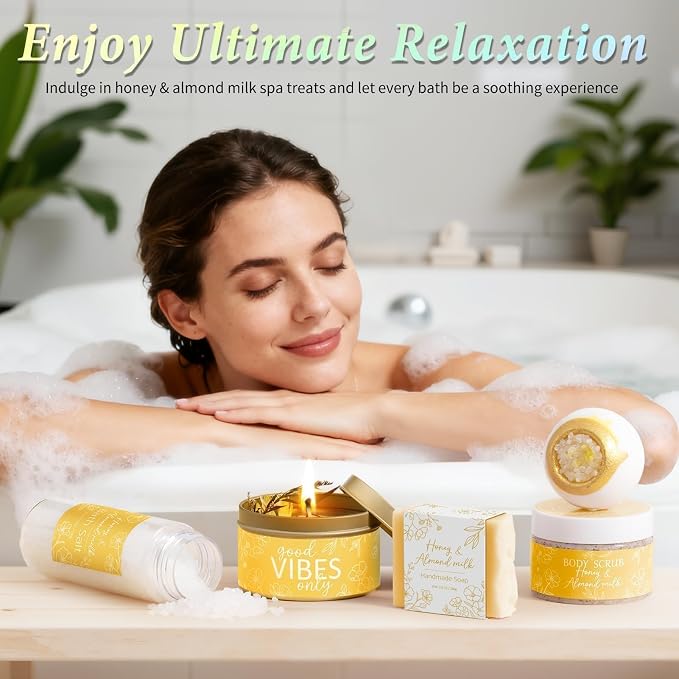 Spa Gifts for Women Bath Gift Set, Honey & Almond Milk Spa Gift Baskets Home Bath Self Care Kit Care Package Thank You Birthday Mothers Day Easter Gifts for Women Mom Her Friends Sister Teen Girl Wife