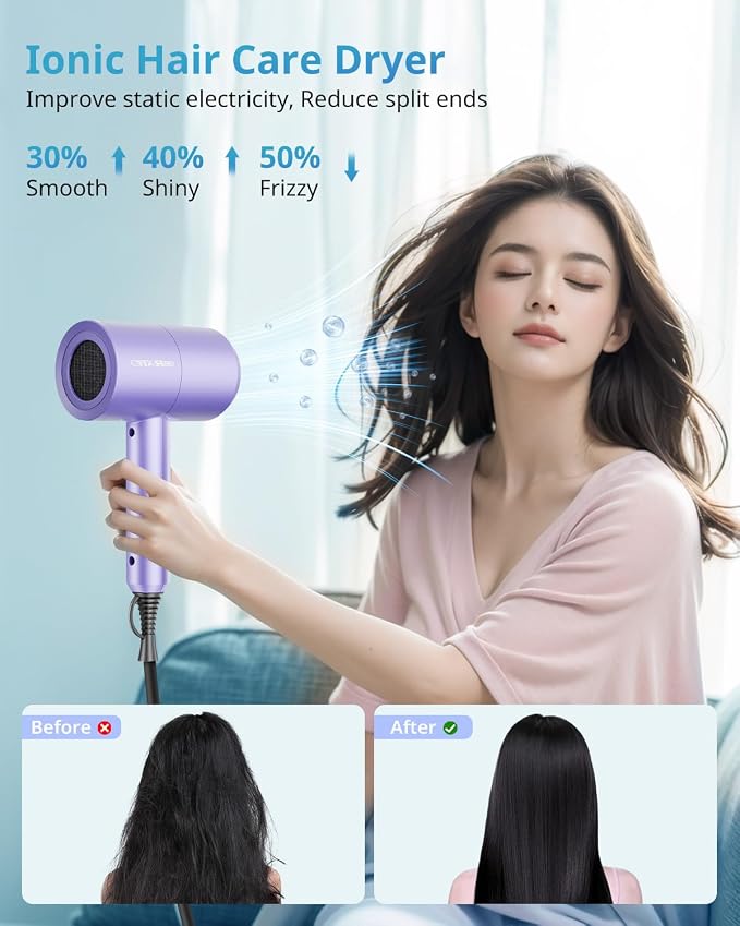 SHRATE Ionic Hair Dryer with Diffuser | Professional Blow Dryer for Curly, Frizzy & All Hair Types | Low Noise & Gentle for Sensitive Hair | Compact & Portable Design for Home, Travel, Women & Men