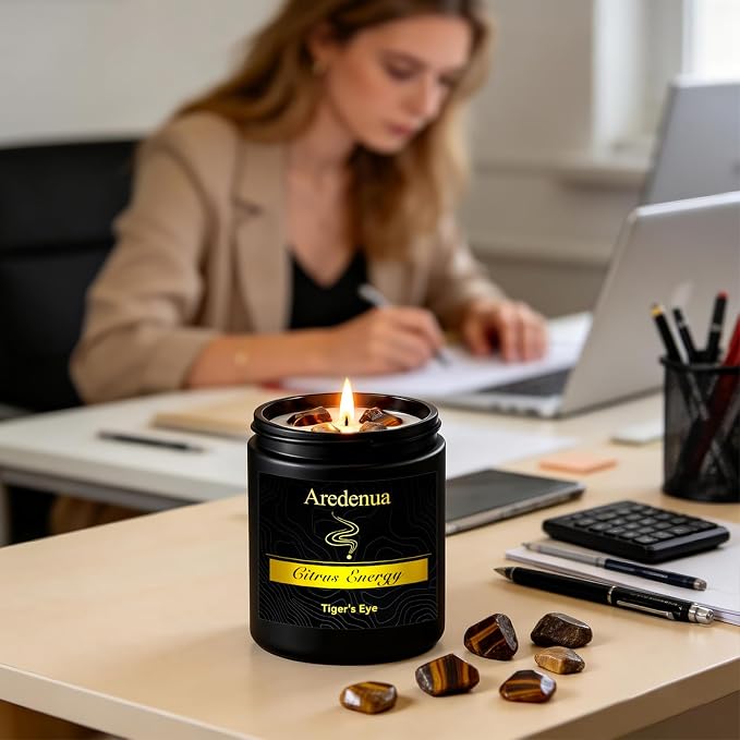 Crystal Candle with Tiger Eye Healing Crystals, Citrus Aromatherapy Candle for Confidence, Natural Soy Wax Scented Candle with Real Gemstone, 7oz Long Burning, Motivational Chakra Gift