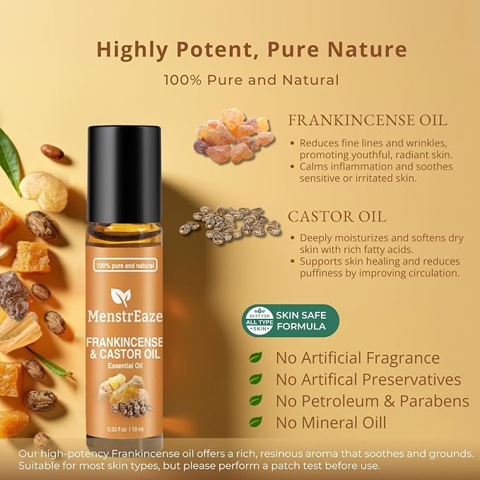 Castor Oil Roll On and Frankincense Essential Oil for Face, High Potency Eye Roller for Skin, 100% Pure Natural Moisturizer for Fine Lines & Dark Circles - 10ml Roller
