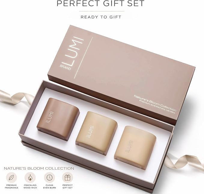 Set of 3 Premium Scented Soy Candles Gift Set | Nature's Bloom Collection - Gardenia, Hilton Garden and Rose & Oud | Crackling Wood Wick | Luxury Candles for Relaxation, Home Décor, Gifts | 9.8oz Each