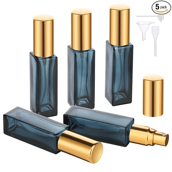 Segbeauty Mini Perfume Atomizer, 5 Set of 10ML Travel Refillable, Glass Dispenser Empty Pump Bottle Small Portable Spray Bottles Toiletries Cosmetic Container for Traveling Outgoing, Blue-gold