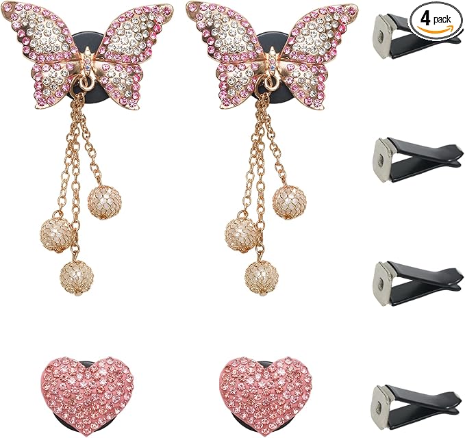 4pcs Bling Heart & Butterfly Air Vent Clips,Cute Pink Diamond Car Air Fresheners Diffuser,Crystal Pendant Decoration Car Interior Accessories for Women