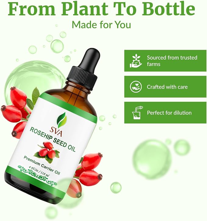 SVA Rosehip Seed Oil - 4 Fl Oz – 100% Natural & Cold Pressed - for Face, Skin Care, Hair Care, Scalp Massage & Body Massage – Carrier Oil with Dropper