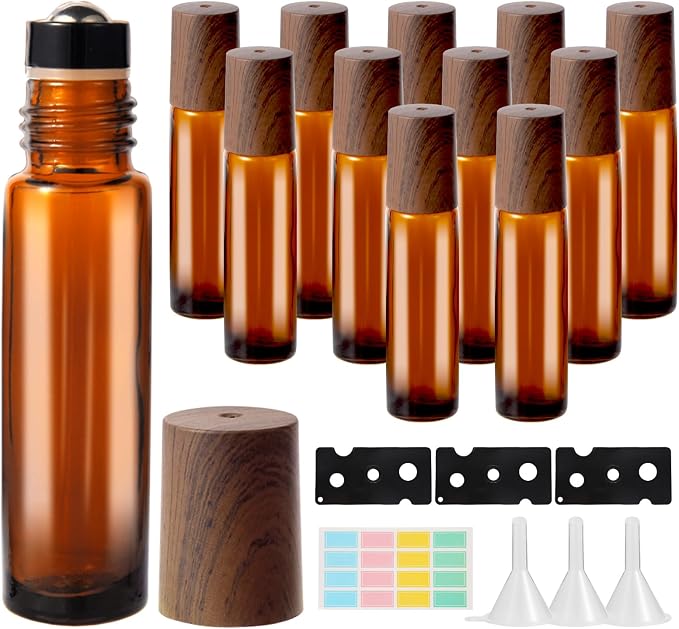 Hyber&Cara 10ml Glass Roll-on Bottles – 12-Pcs Essential Oil Roller Bottles with Stainless Steel Roller-Balls, Perfect for Fragrance & Aromatherapy (Includes 3 Bottle Opener, 1 Sticker, and 3 Funnel)